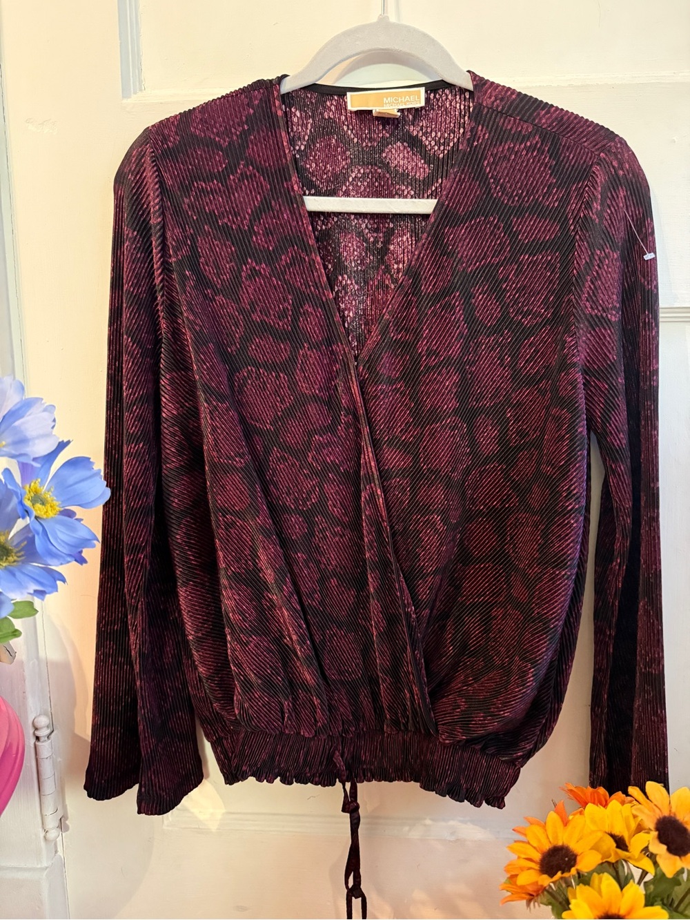 Michael Kors Maroon and Black Animal-Print Wrap Blouse